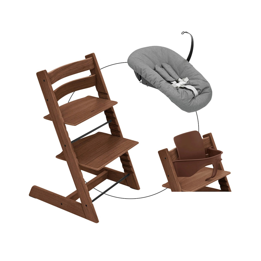 Tripp Trapp pakke i eik med Newborn Set Deep Grey - Stokke