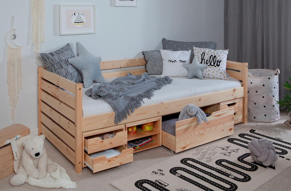 Sofaseng Naomi med oppbevaringsskuffer 90x200 cm furu - Ticaa