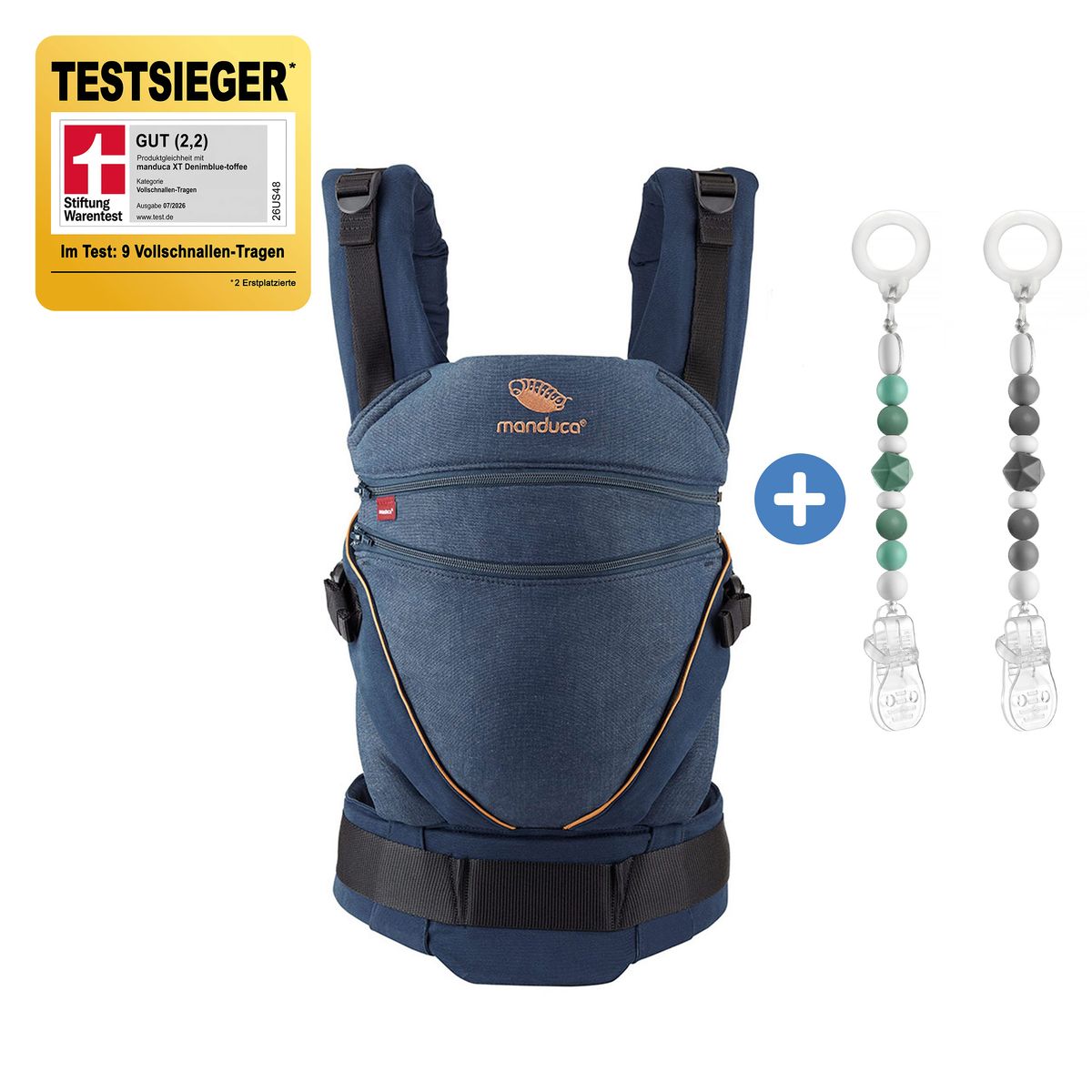 Bæresele XT 3,5-20 kg med 2 smokkebånd i silikon, Denimblue fra manduca sett forfra