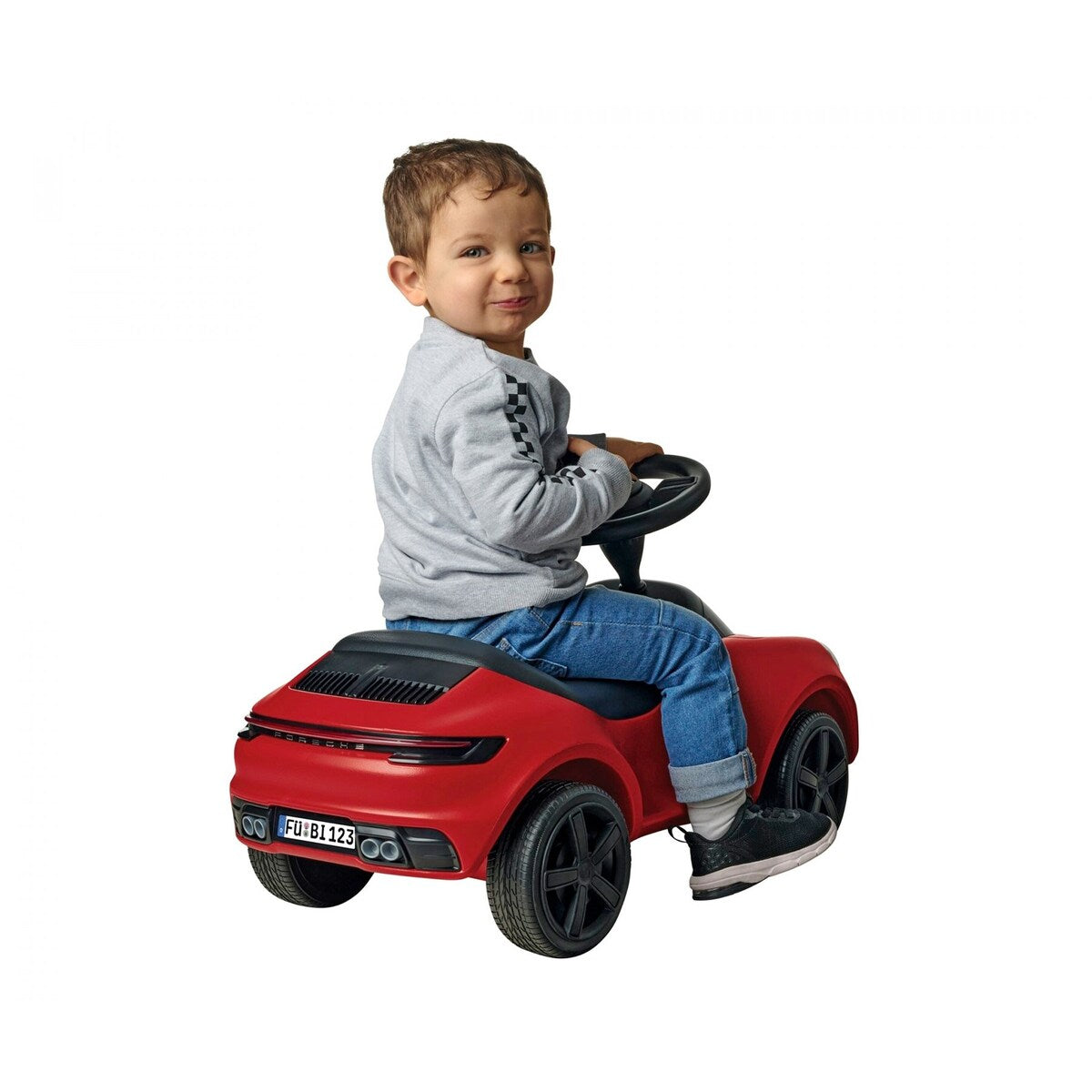 Bakside av Baby Porsche 911 gåbil med sikkerhetsratt