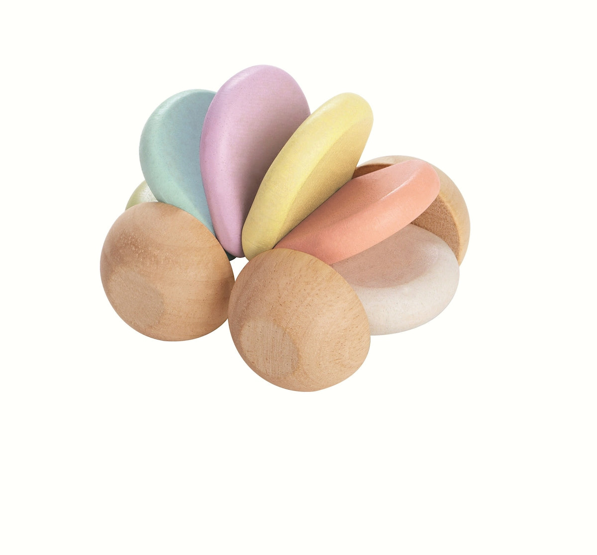 Babybil i tre, fleksibel, pastellfarger, fra 6 mnd bakside