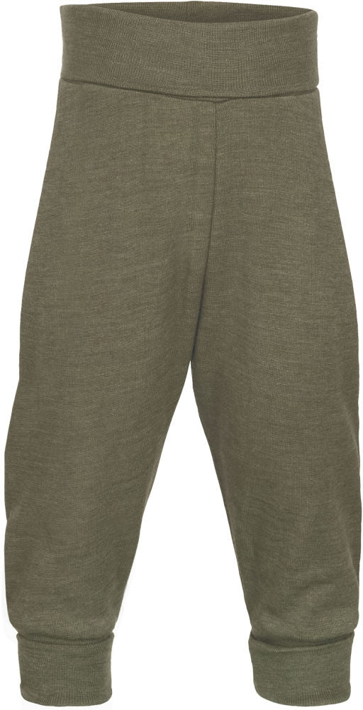Babybukse merino/silke med navlestrikk GOTS str 74/80 oliven sett forfra