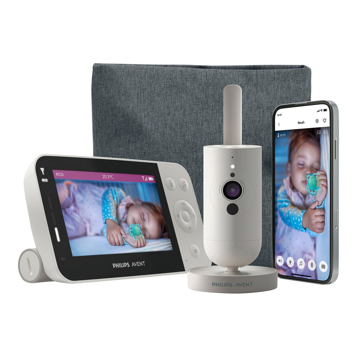 Babycall Connected med kamera SCD953 26 med ladekabel og strømforsyning