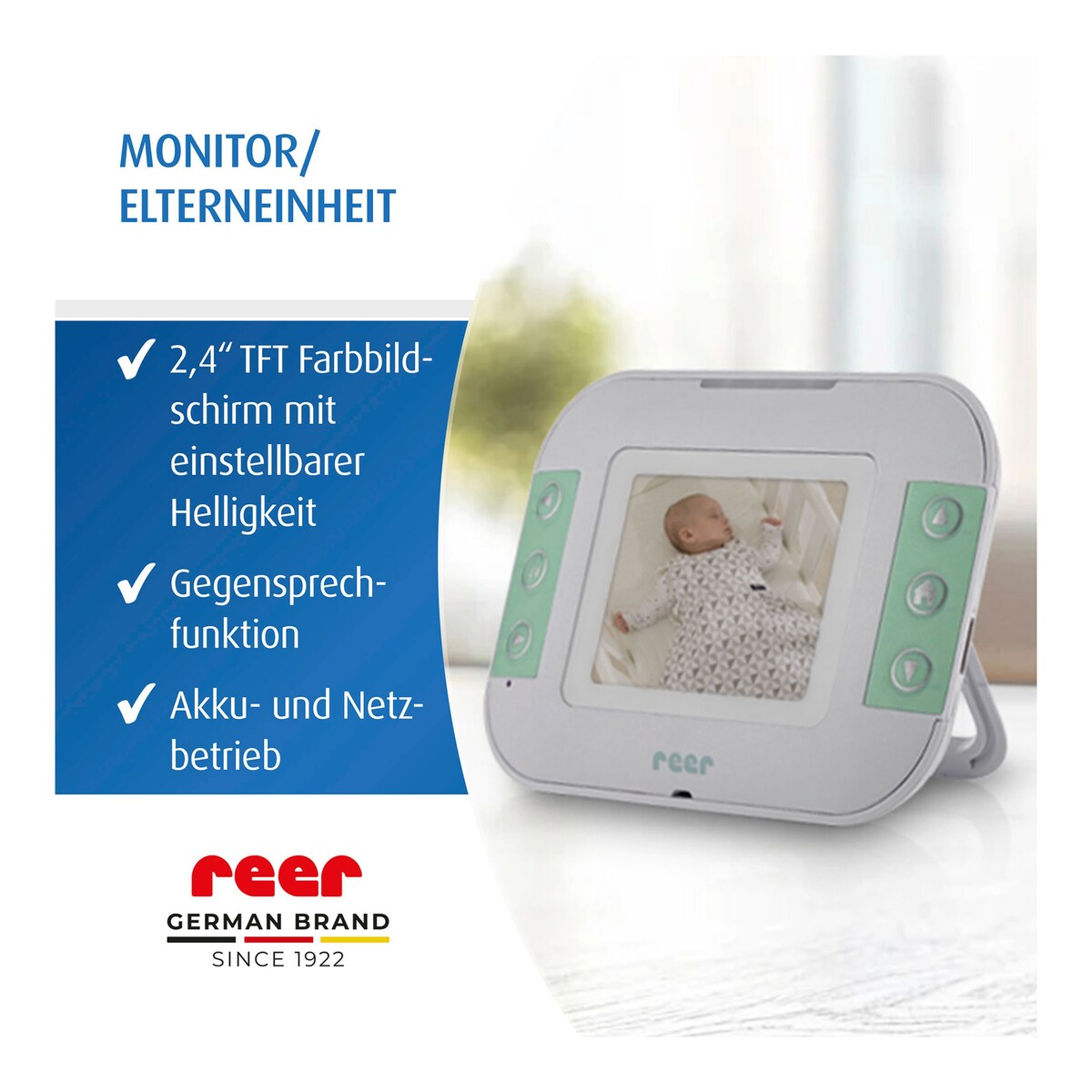 Babycall med kamera S og 2,4-tommers skjerm 300 m i bruk med zoom