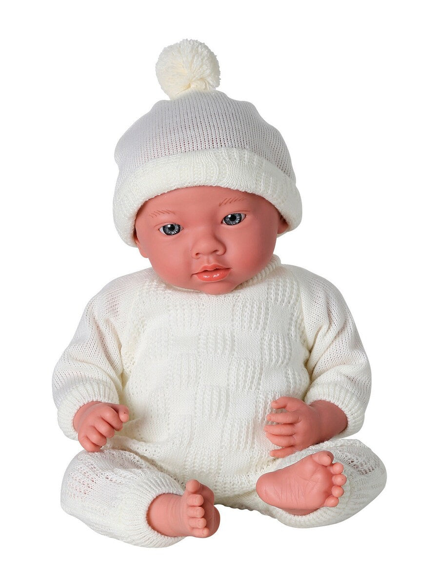 Babydukke 40 cm med ekstra vekt og strikket pyjamas bakside