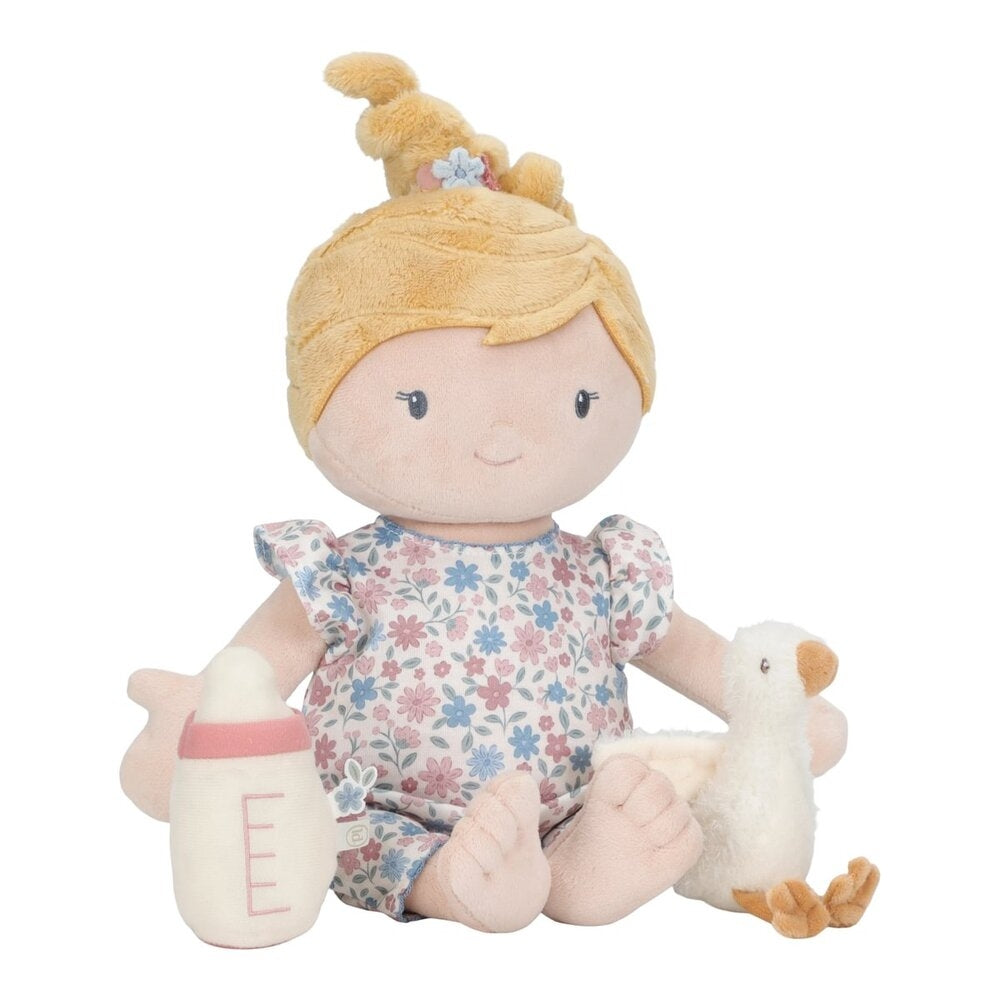 Babydukke Julia med tåteflaske og bleie polyester forfra