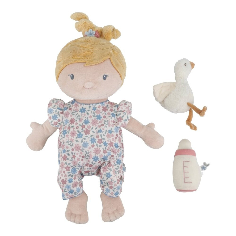 Babydukke Julia med tåteflaske og bleie polyester detalj av ansikt