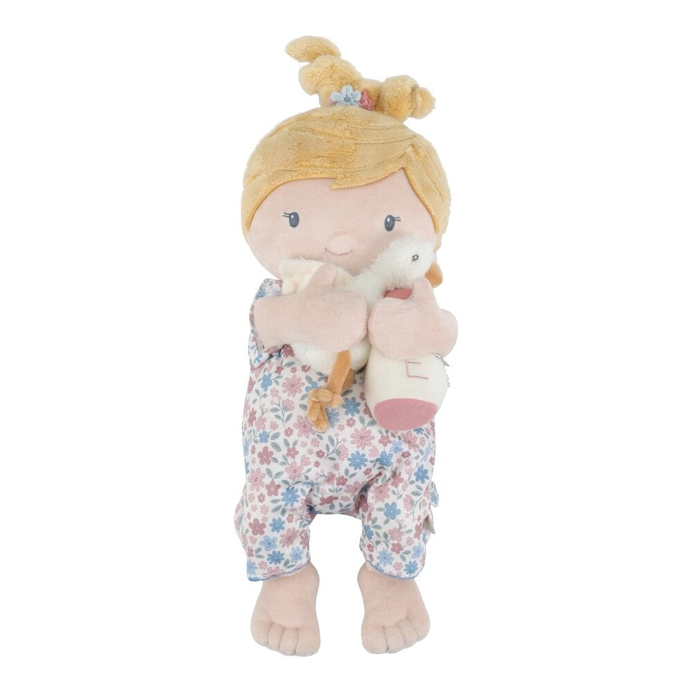 Babydukke Julia med tåteflaske og bleie polyester nærbilde av hender