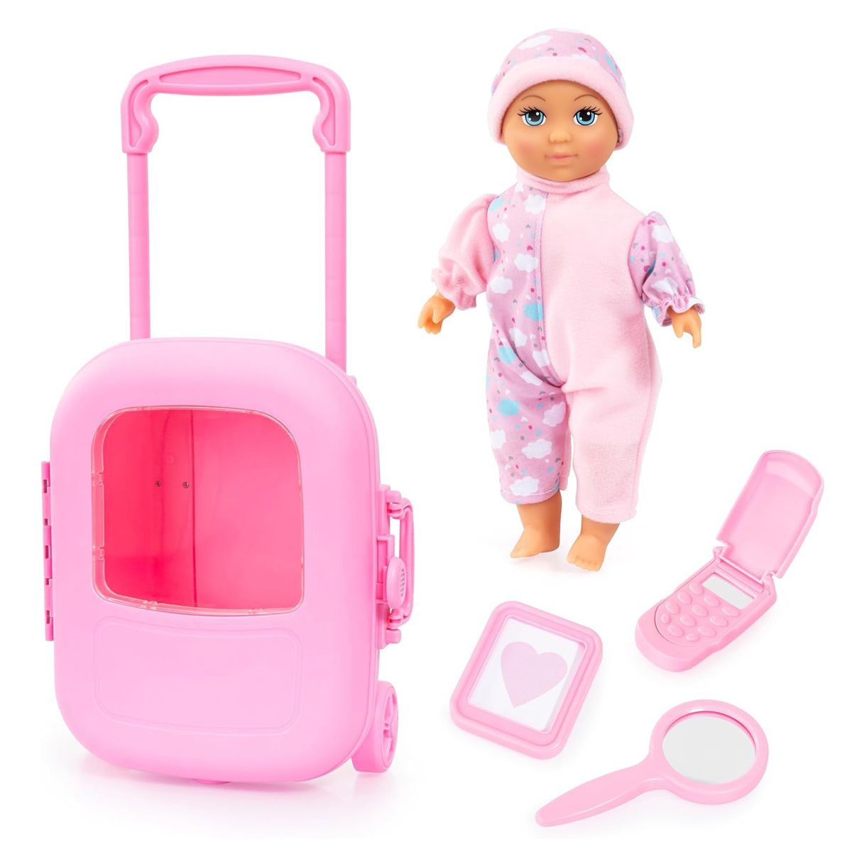 Babydukke med trillekoffert og tilbehør, rosa - CHIC 2000 forfra