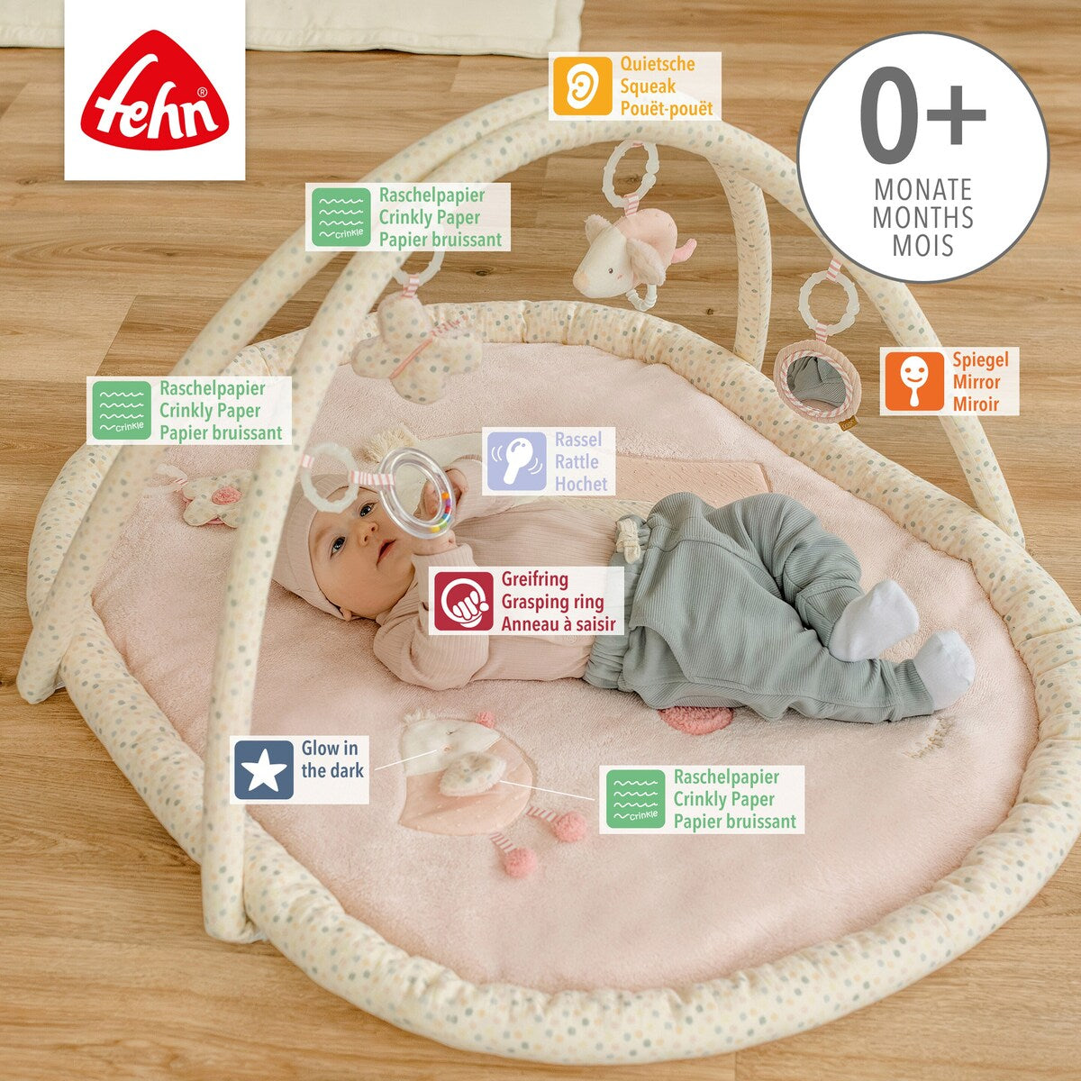 Detalj av leker på Babygym med 3D-aktivitetsmatte Vogel feehnLAND