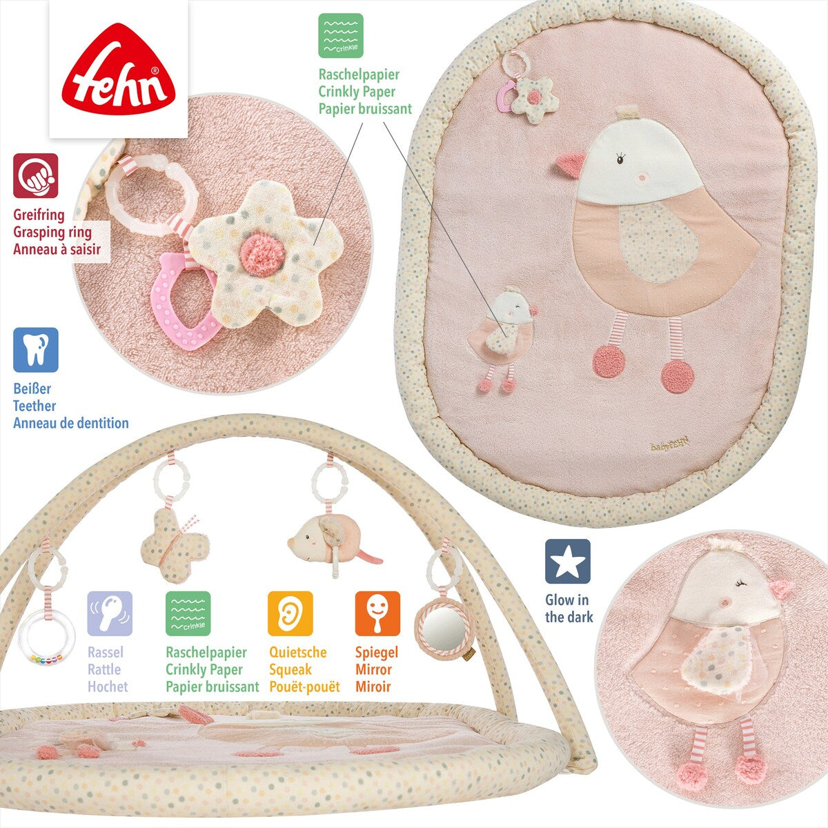Nærbilde av glow-in-the-dark broderi på Babygym med 3D-aktivitetsmatte Vogel feehnLAND
