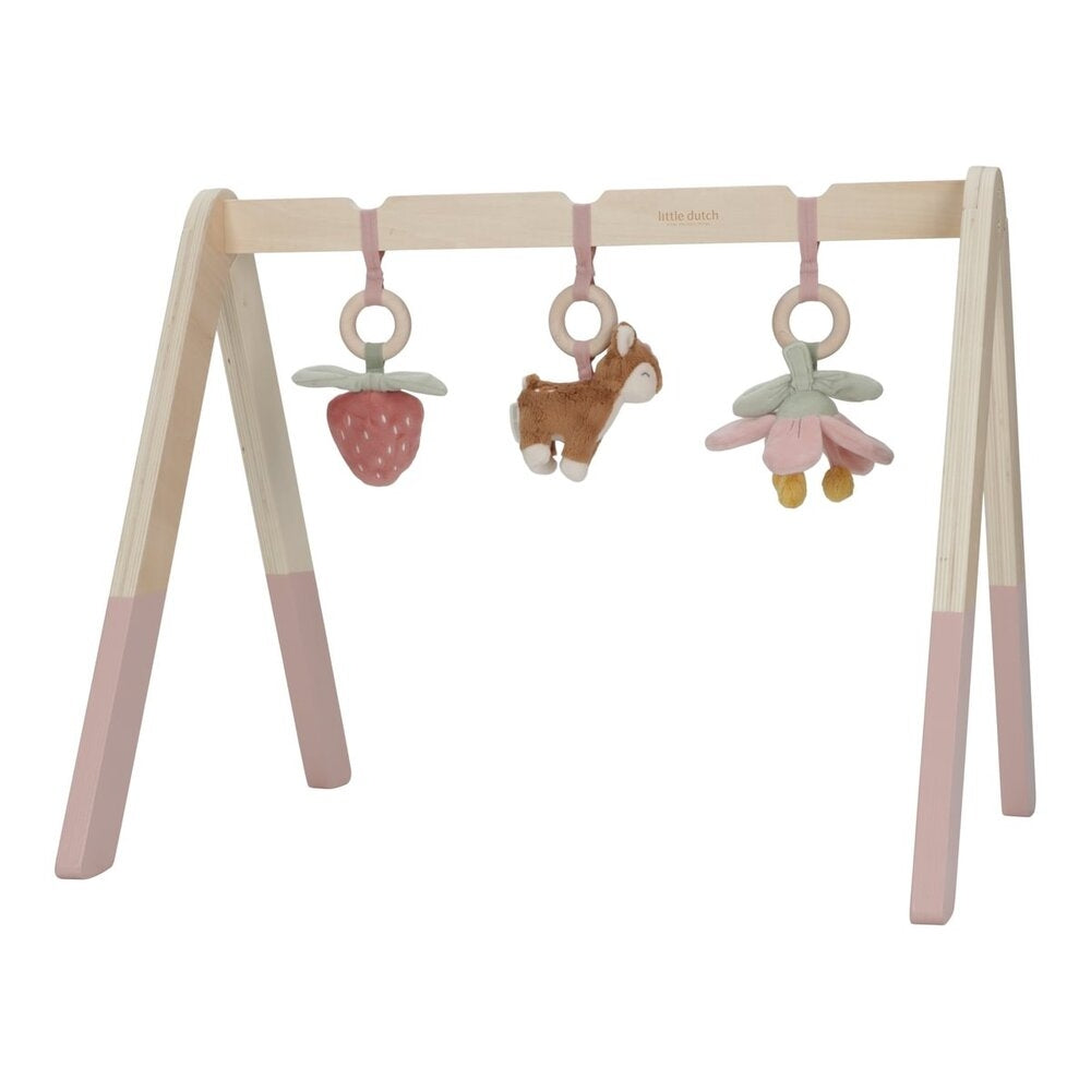 Babygym Fairy Garden i tre med aktivitetsleker rosa bakside
