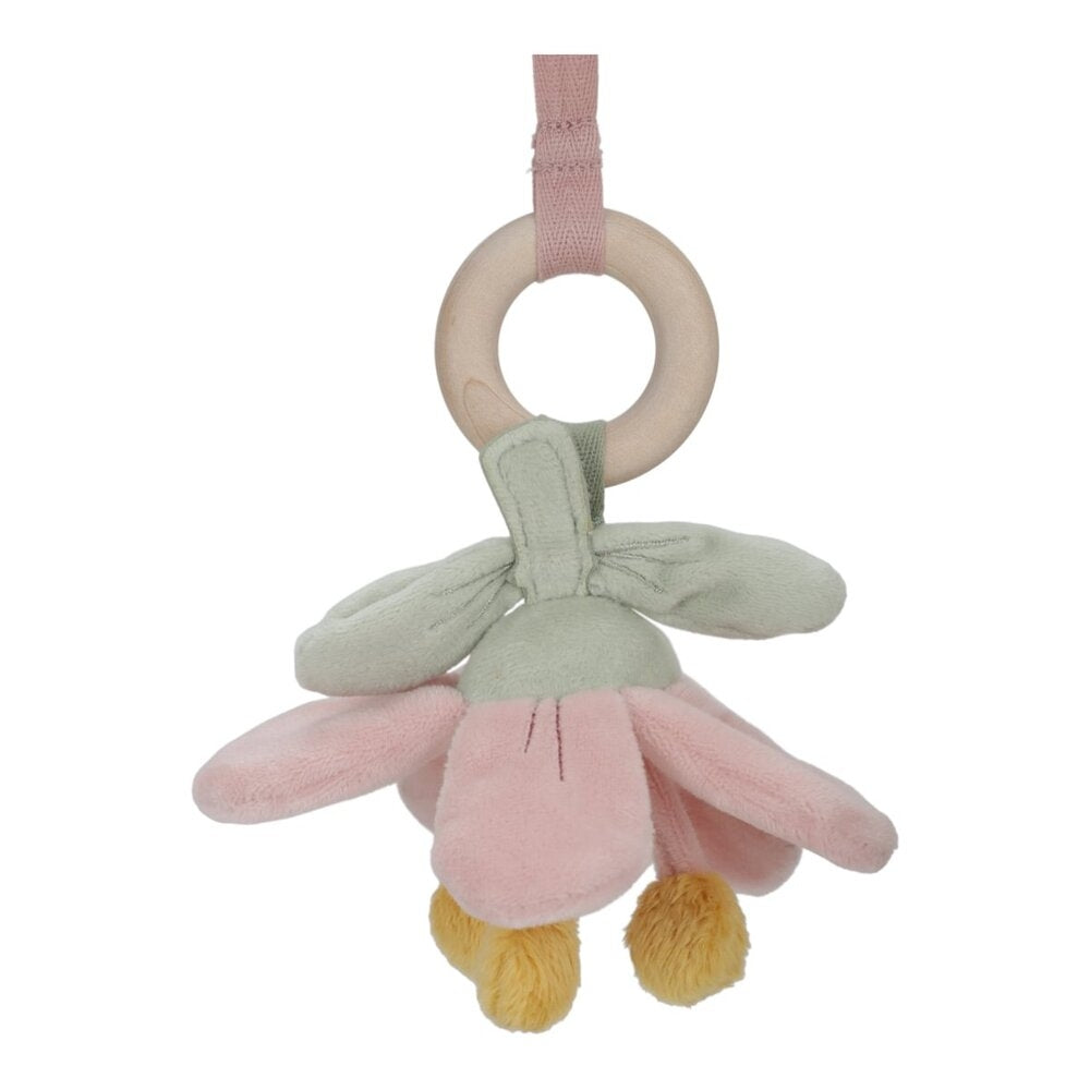 Nærbilde av aktivitetsleker på Babygym Fairy Garden i tre med aktivitetsleker rosa