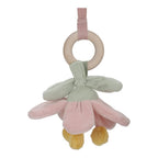 Nærbilde av aktivitetsleker på Babygym Fairy Garden i tre med aktivitetsleker rosa