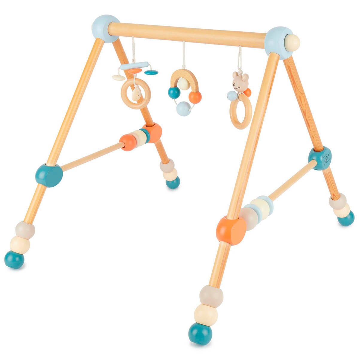 Babygym i tre høydejusterbar 54x54x48 cm i bruk med baby