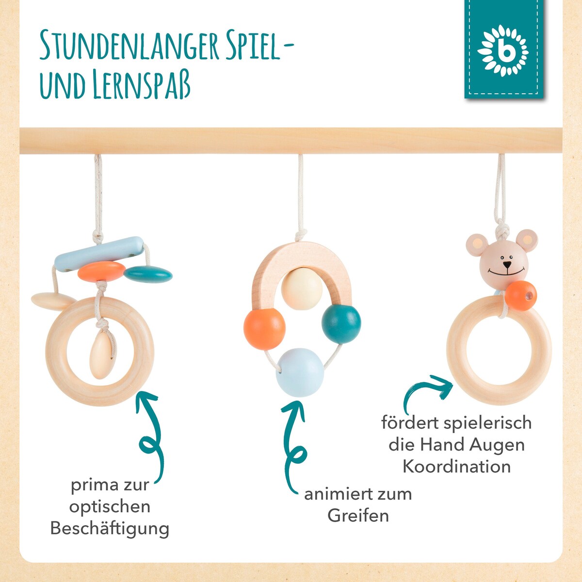 Nærbilde av fargerike leker på Babygym i tre høydejusterbar 54x54x48 cm