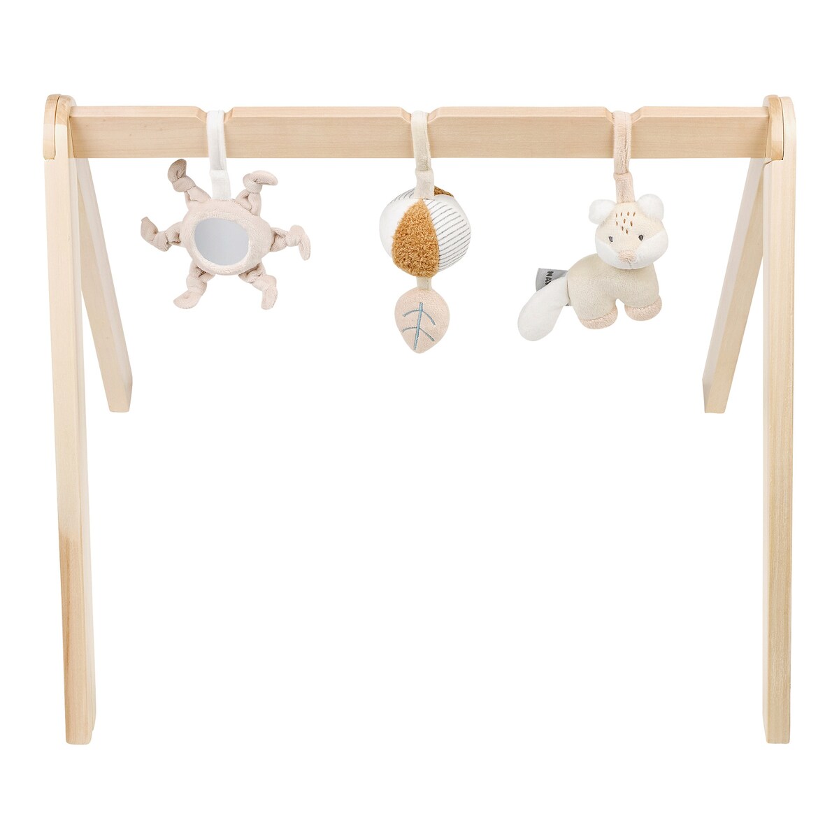 Nærbilde av treverket på Babygym i tre med 3 leker 50x60 cm fra fødsel