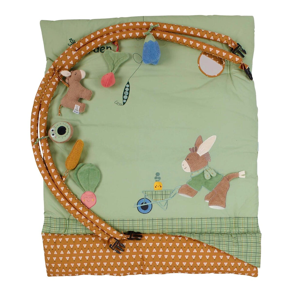 Detalj av lekebue med avtagbare figurer på Babygym med lekematte Esel Emmilius med rangle