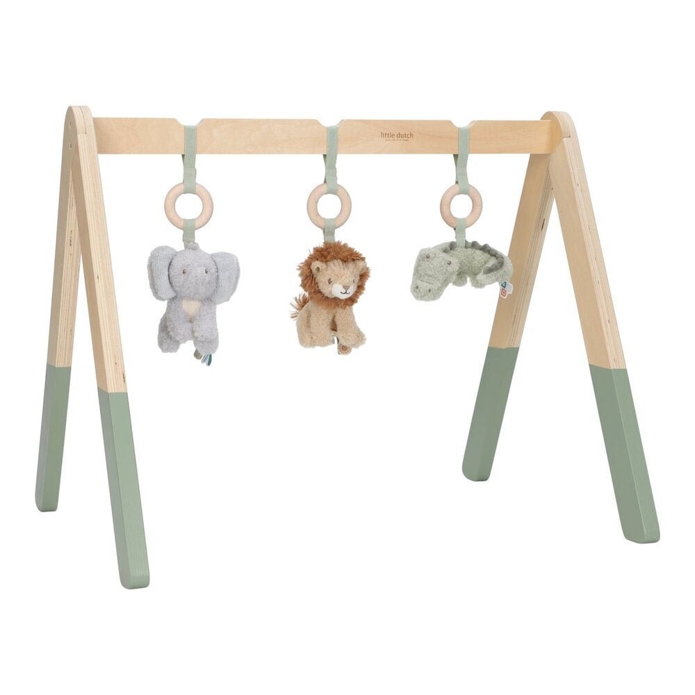 Babygym i tre med Safari Friends figurer bakside
