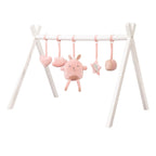 Babygym i tre med hengeleker rosa 56x69 cm forfra