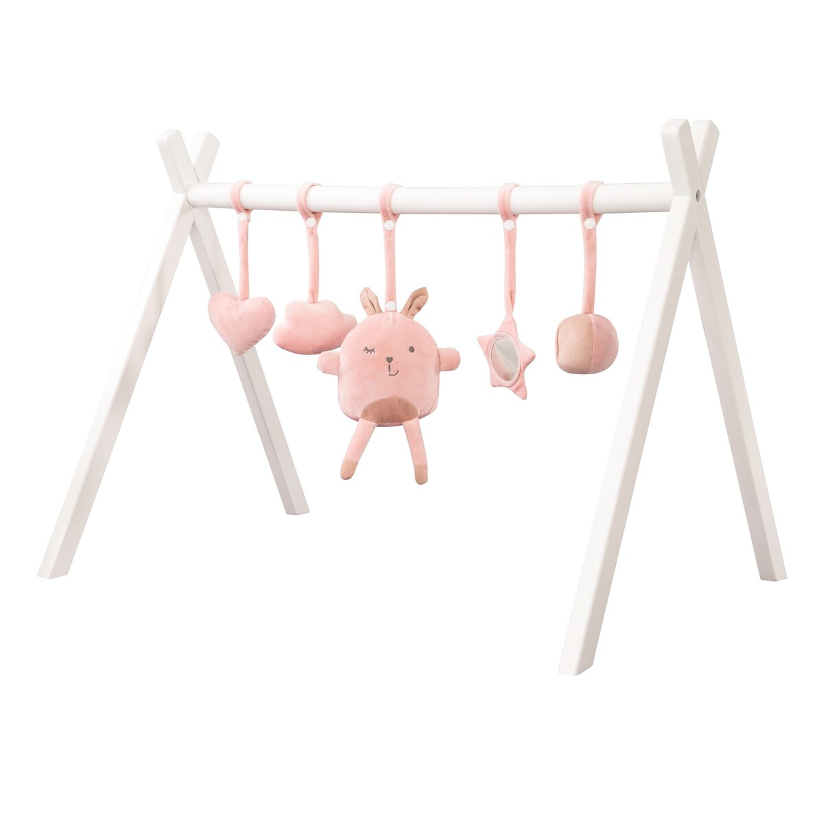 Babygym i tre med hengeleker rosa 56x69 cm forfra