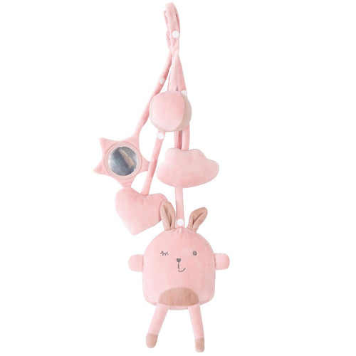 Babygym i tre med hengeleker rosa 56x69 cm bakside