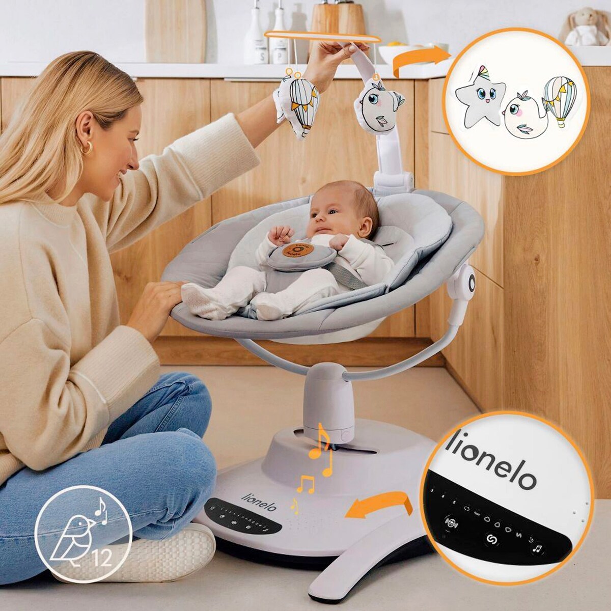 Babyhuske Bella med barn i halvsittende stilling