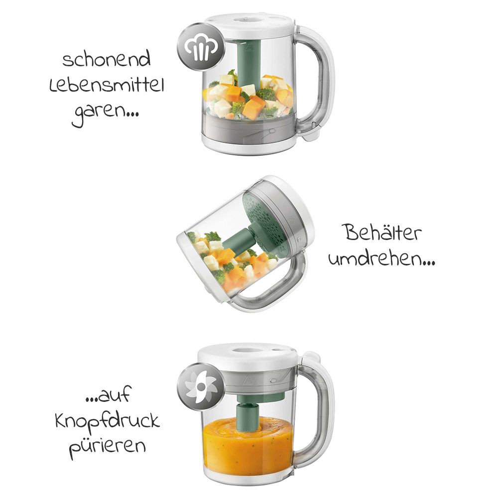 Babymatkoker 4-i-1 med damping og mikser, grønn bakside
