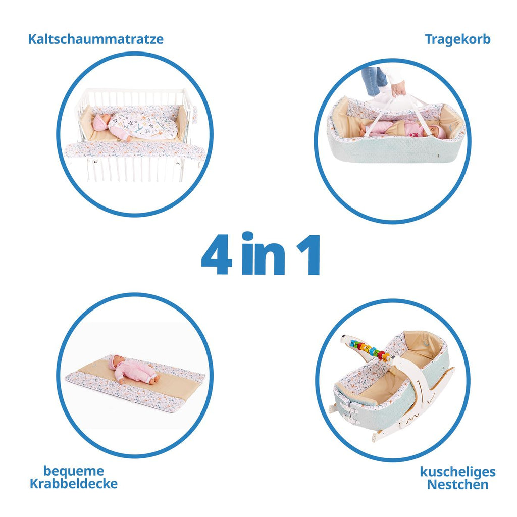 Babynest 4-i-1 med kaldskummadrass fra fødsel, blå/hvit bakside