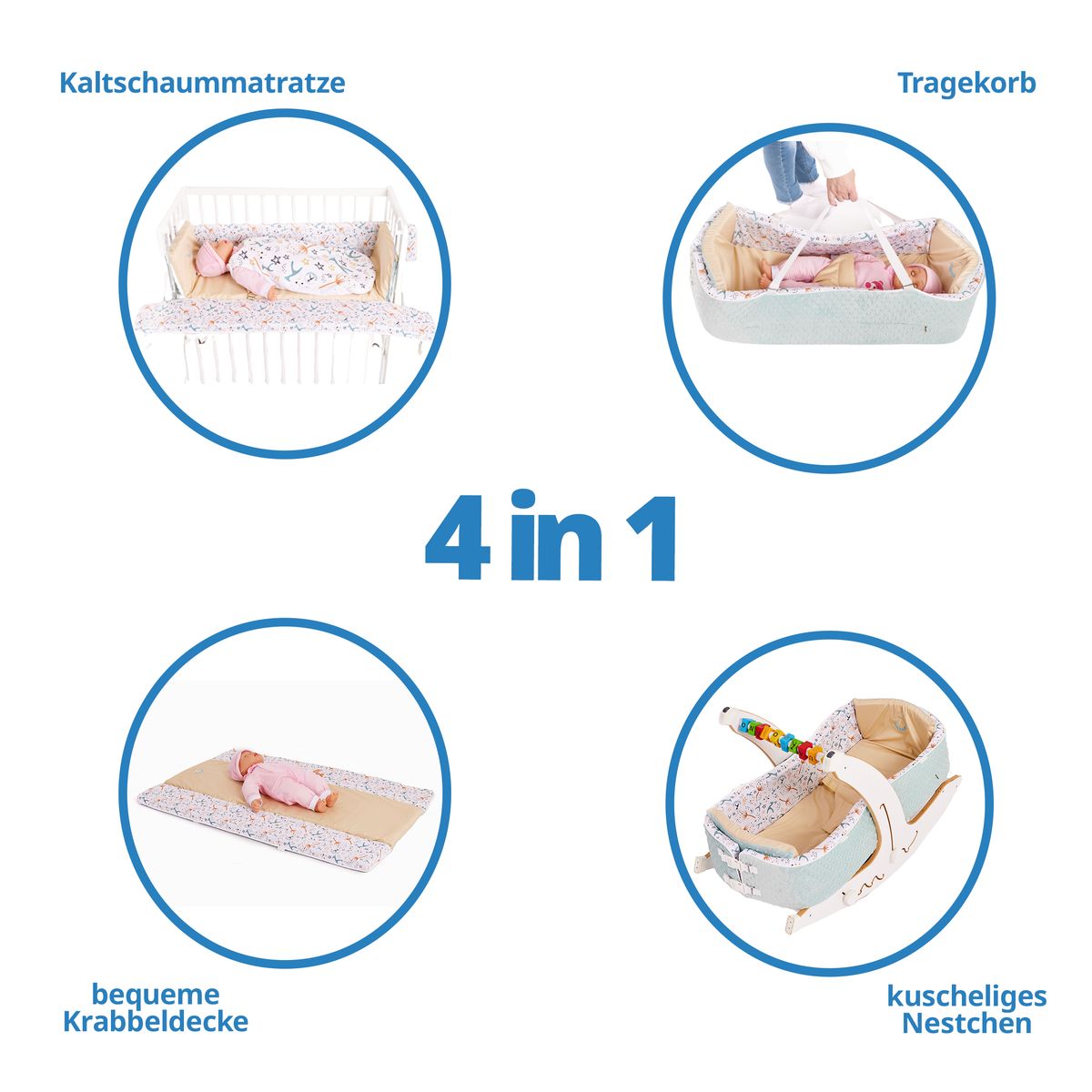 Babynest 4-i-1 med kaldskummadrass fra fødsel, blå/hvit bakside