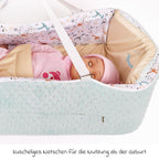 Montert Babynest 4-i-1 med kaldskummadrass fra fødsel, blå/hvit i bruk