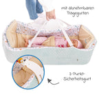 Nærbilde av stoff og sømmer på Babynest 4-i-1 med kaldskummadrass fra fødsel, blå/hvit