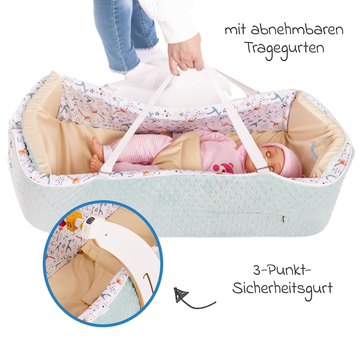 Nærbilde av stoff og sømmer på Babynest 4-i-1 med kaldskummadrass fra fødsel, blå/hvit