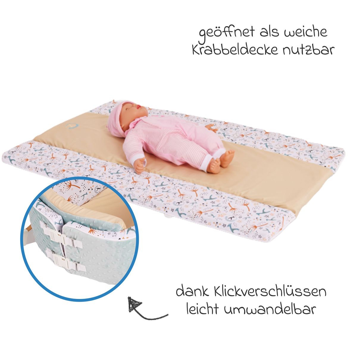 Babynest 4-i-1 med kaldskummadrass fra fødsel, blå/hvit med bæreveske