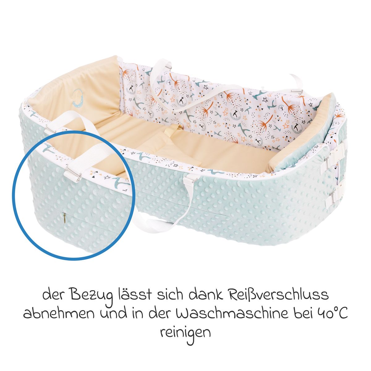 Babynest 4-i-1 med kaldskummadrass fra fødsel, blå/hvit sett fra siden