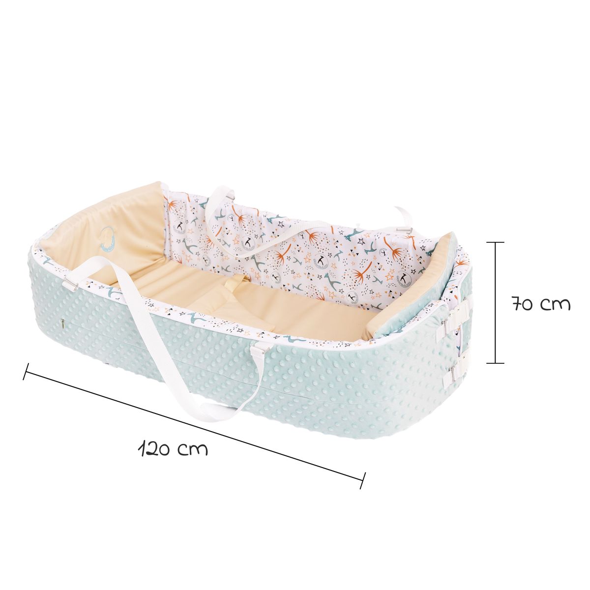 Babynest 4-i-1 med kaldskummadrass fra fødsel, blå/hvit pakket og klar til bruk