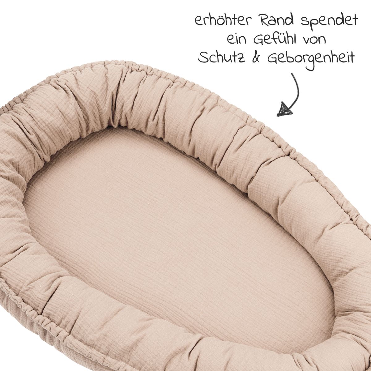 Babynest NIDO i bomullsmusselin, sand bakside