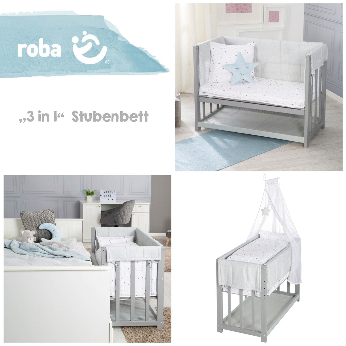 Babyseng 3-i-1 Sternenzauber grå med madrass og sengehimmel med himmelstang