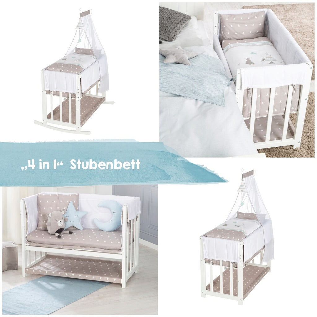 Detalj av tekstilene på Babyseng 4-i-1 Indibär med vugge og bedside-funksjon