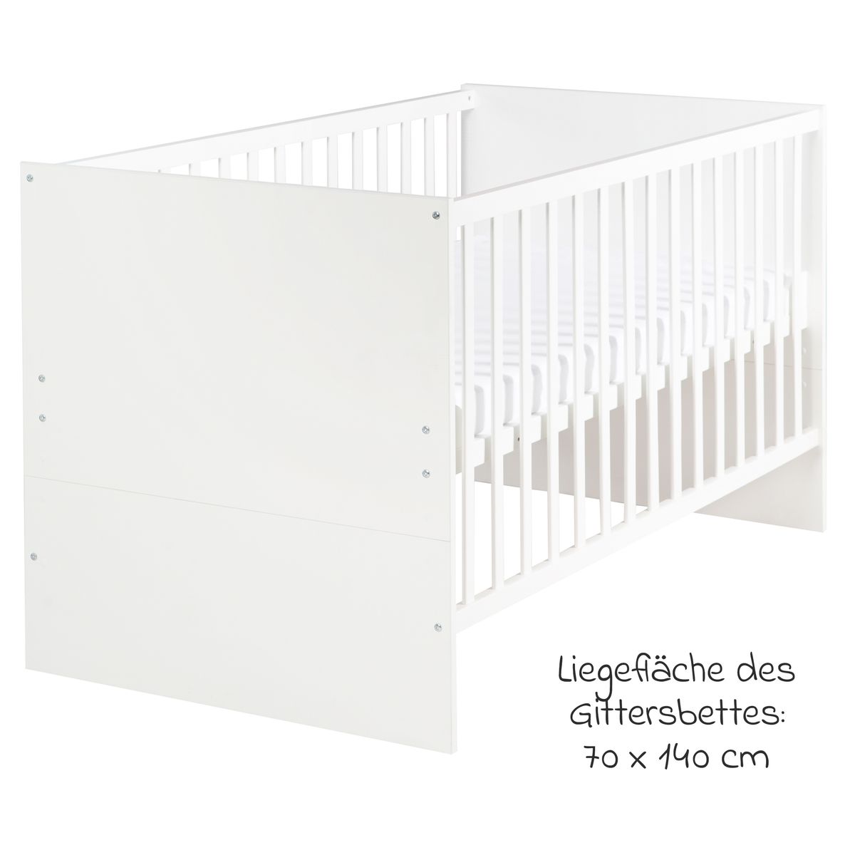 Babyseng Anton 70 x 140 cm med 3 høydeinnstillinger, hvit detalj av spiler