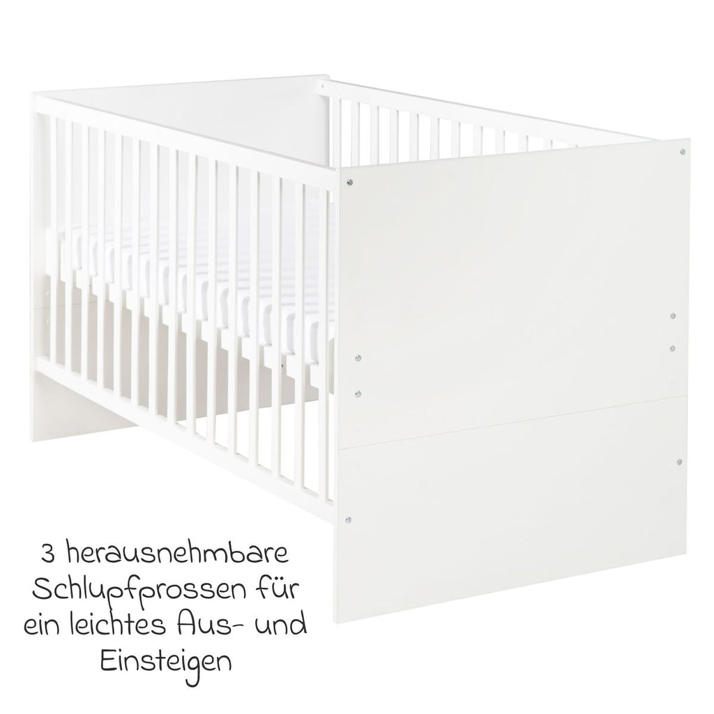 Babyseng Anton 70 x 140 cm med 3 høydeinnstillinger, hvit nærbilde av hjørne