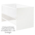Babyseng Anton 70 x 140 cm med 3 høydeinnstillinger, hvit nærbilde av hjørne