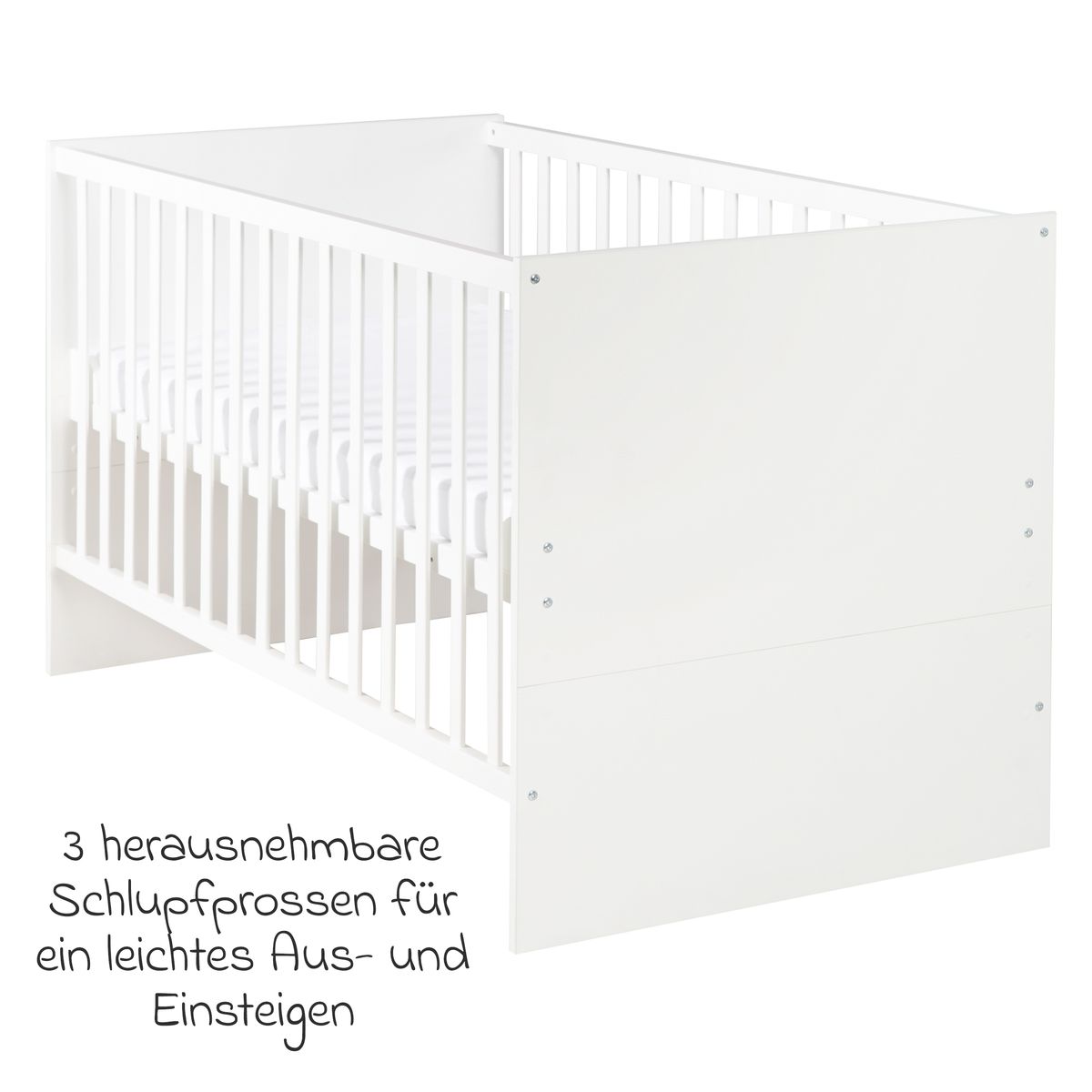 Babyseng Anton 70 x 140 cm med 3 høydeinnstillinger, hvit nærbilde av hjørne