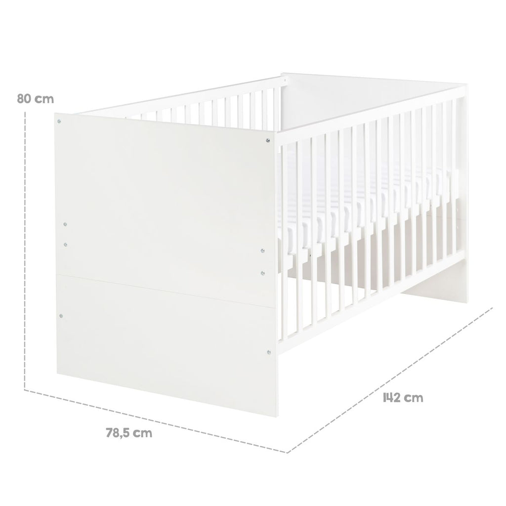 Babyseng Anton 70 x 140 cm med 3 høydeinnstillinger, hvit utsikt fra siden