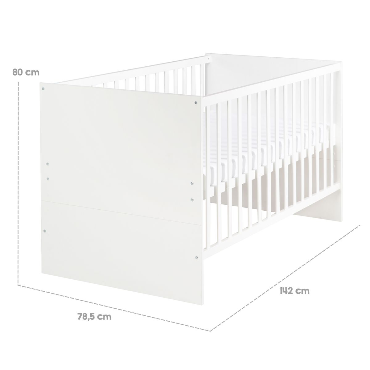 Babyseng Anton 70 x 140 cm med 3 høydeinnstillinger, hvit utsikt fra siden