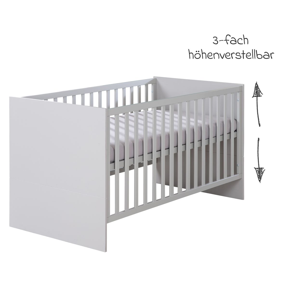 Babyseng Lea 70 x 140 cm med 3 høydeinnstillinger grå montert