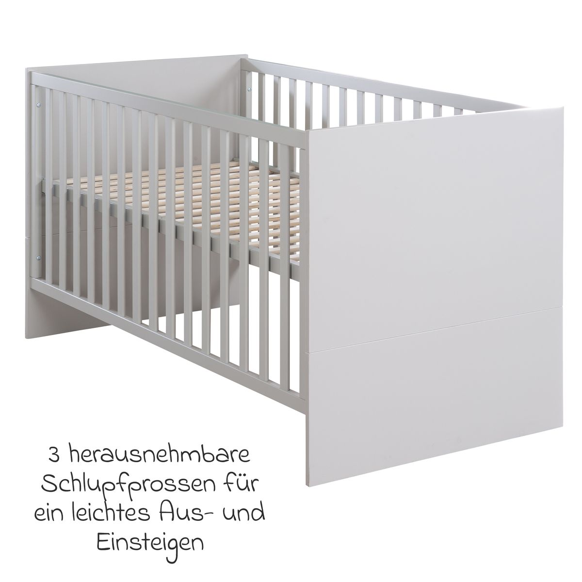 Nærbilde av Babyseng Lea 70 x 140 cm med 3 høydeinnstillinger grå