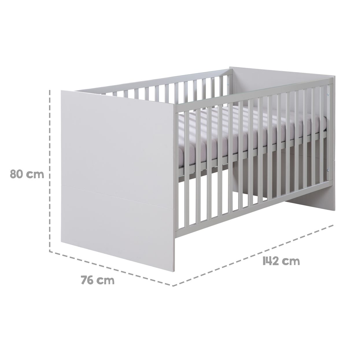 Babyseng Lea 70 x 140 cm med 3 høydeinnstillinger grå med uttakbare spiler