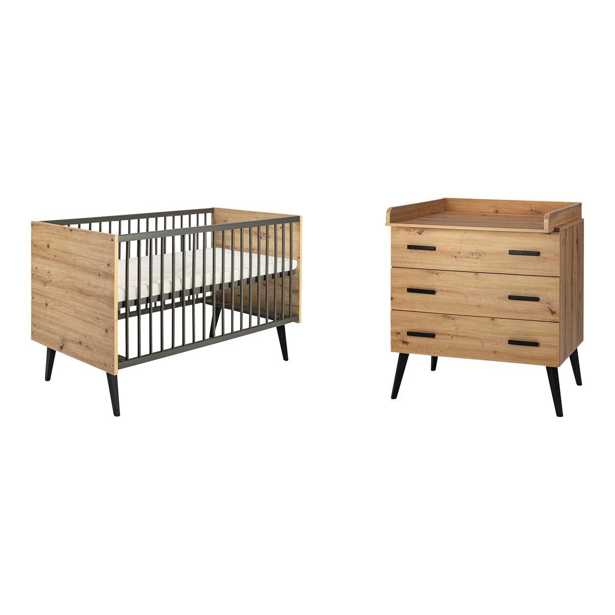Babyseng og stellekommode Morris Oak 2-delt sett bakside