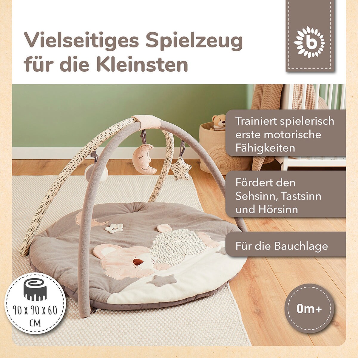 babyteppe med aktivitetsbue plysj 90x90 cm pakking